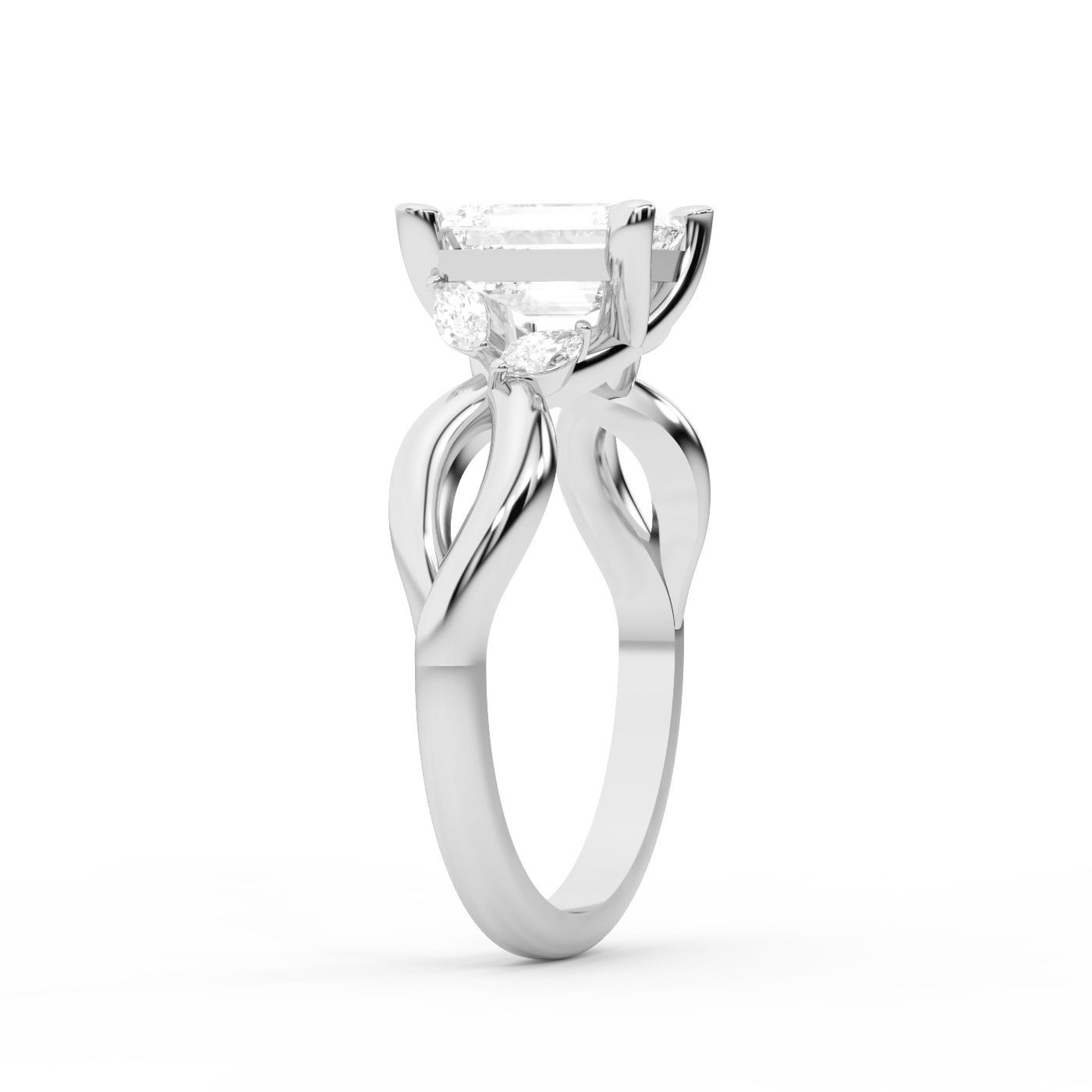 Emerald Cut Lab Grown Diamond Twisted Engagement Ring in Platinum with Marquise Side Stones