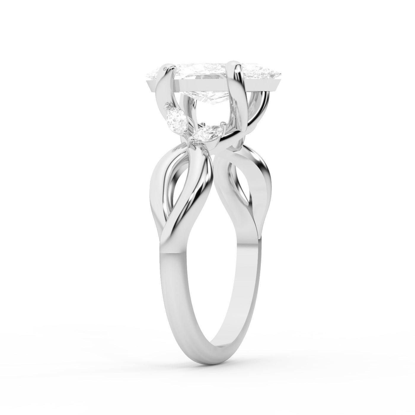 Marquise Cut Lab Grown Diamond Twisted Engagement Ring in Silver showing side stones