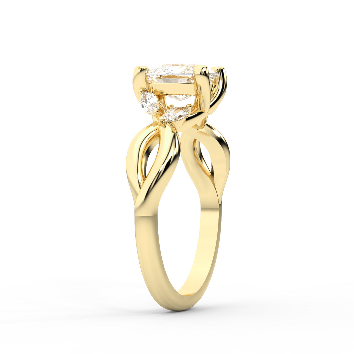 Cushion Cut Lab Grown Diamond Engagement Ring with Marquise Side Stones in Yellow Gold