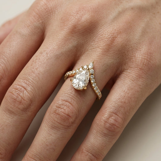 Pear Cut Lab Grown Diamond Engagement Ring in Yellow Gold with side stone accents