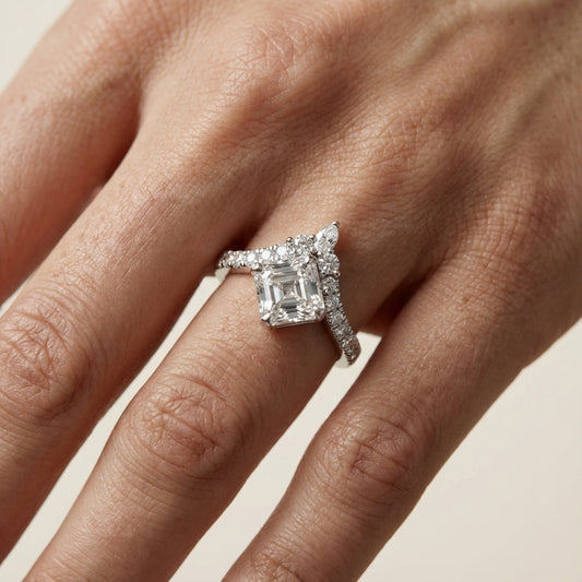 Asscher Cut Lab Grown Diamond Engagement Ring in White Gold with unique diamond accent