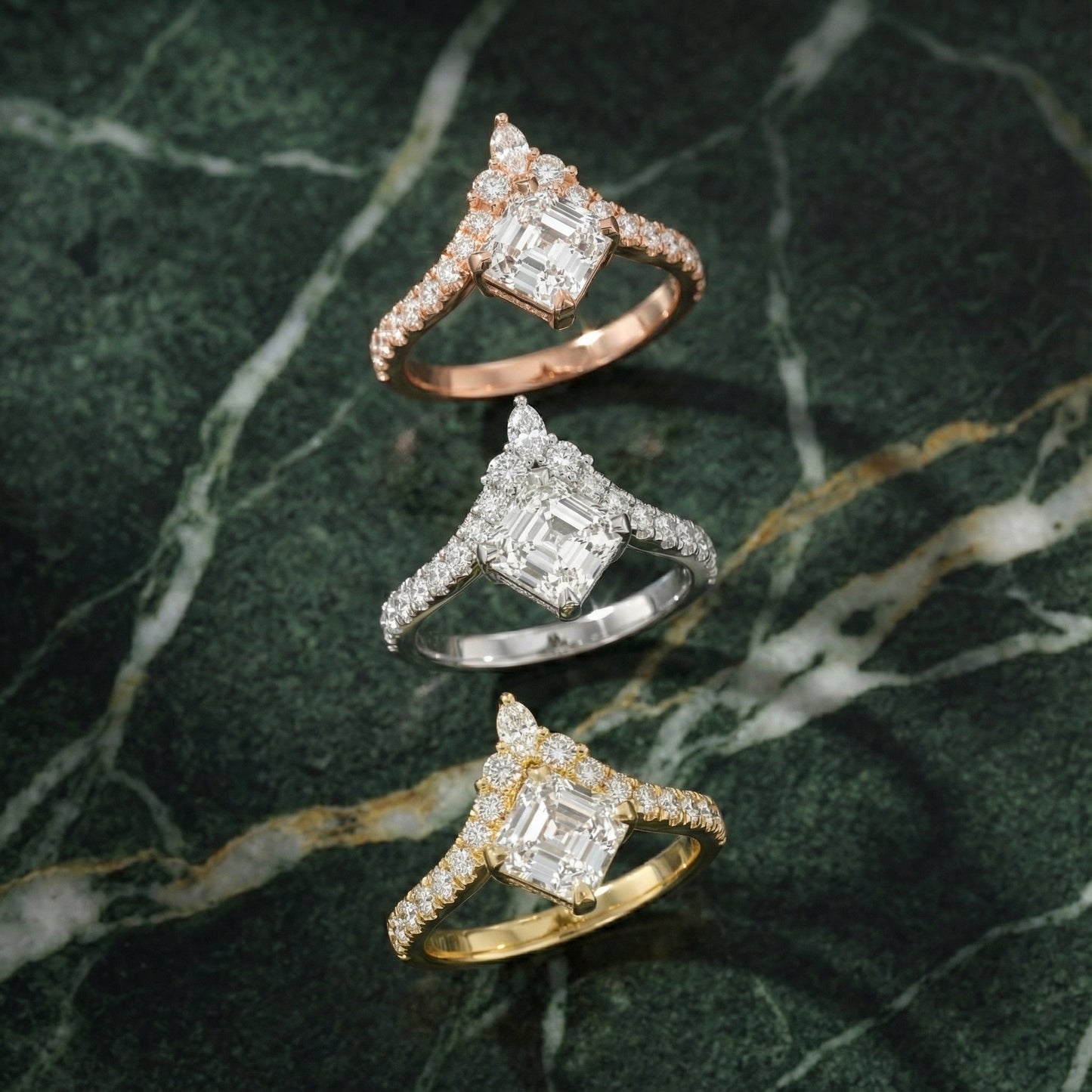 Asscher Cut Lab Grown Diamond Engagement Ring in White Gold with unique diamond accent