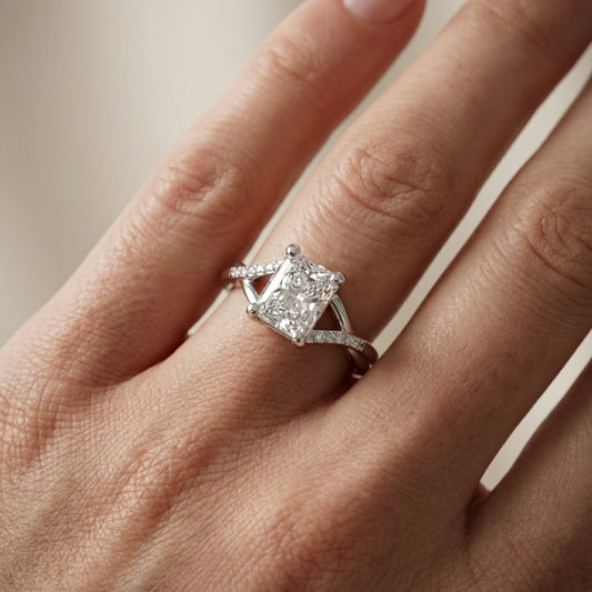 Radiant Cut Lab Grown Diamond Engagement Ring with Twisted Pavé Band in White Gold