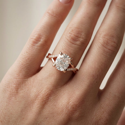 Cushion Cut Lab Grown Diamond Engagement Ring with Twisted Shank in Rose Gold