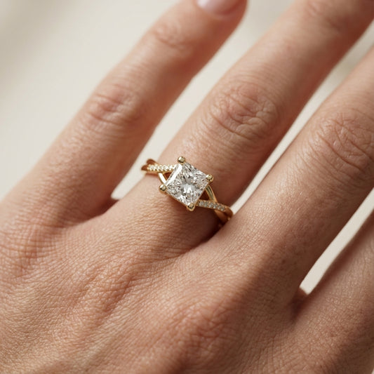 Princess Cut Lab Grown Diamond Engagement Ring with Twisted Pavé Band in Yellow Gold
