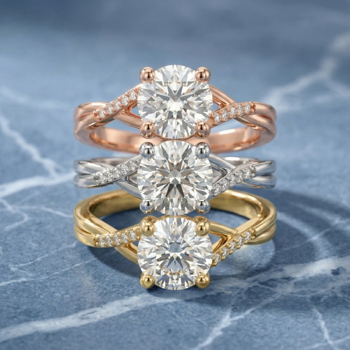 Round Cut Lab Grown Diamond Engagement Ring with Twisted Shank in Rose Gold