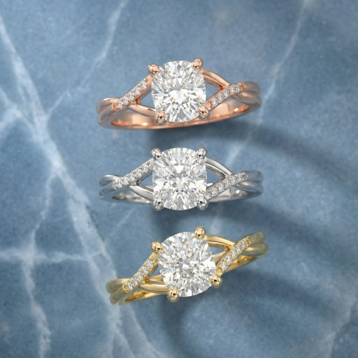 Cushion Cut Lab Grown Diamond Engagement Ring with Twisted Shank in Yellow Gold