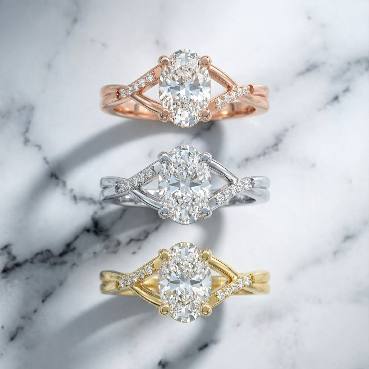 Oval Cut Lab Grown Diamond Engagement Ring in Rose Gold with twisted pave band