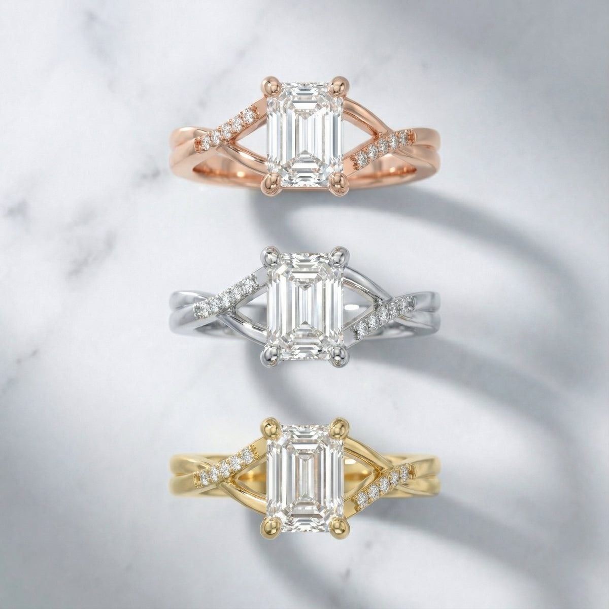 Emerald Cut Lab Grown Diamond Side Stone Engagement Ring in Yellow Gold