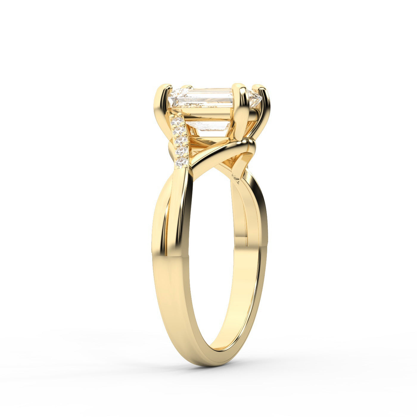 Emerald Cut Lab Grown Diamond Side Stone Engagement Ring in Yellow Gold