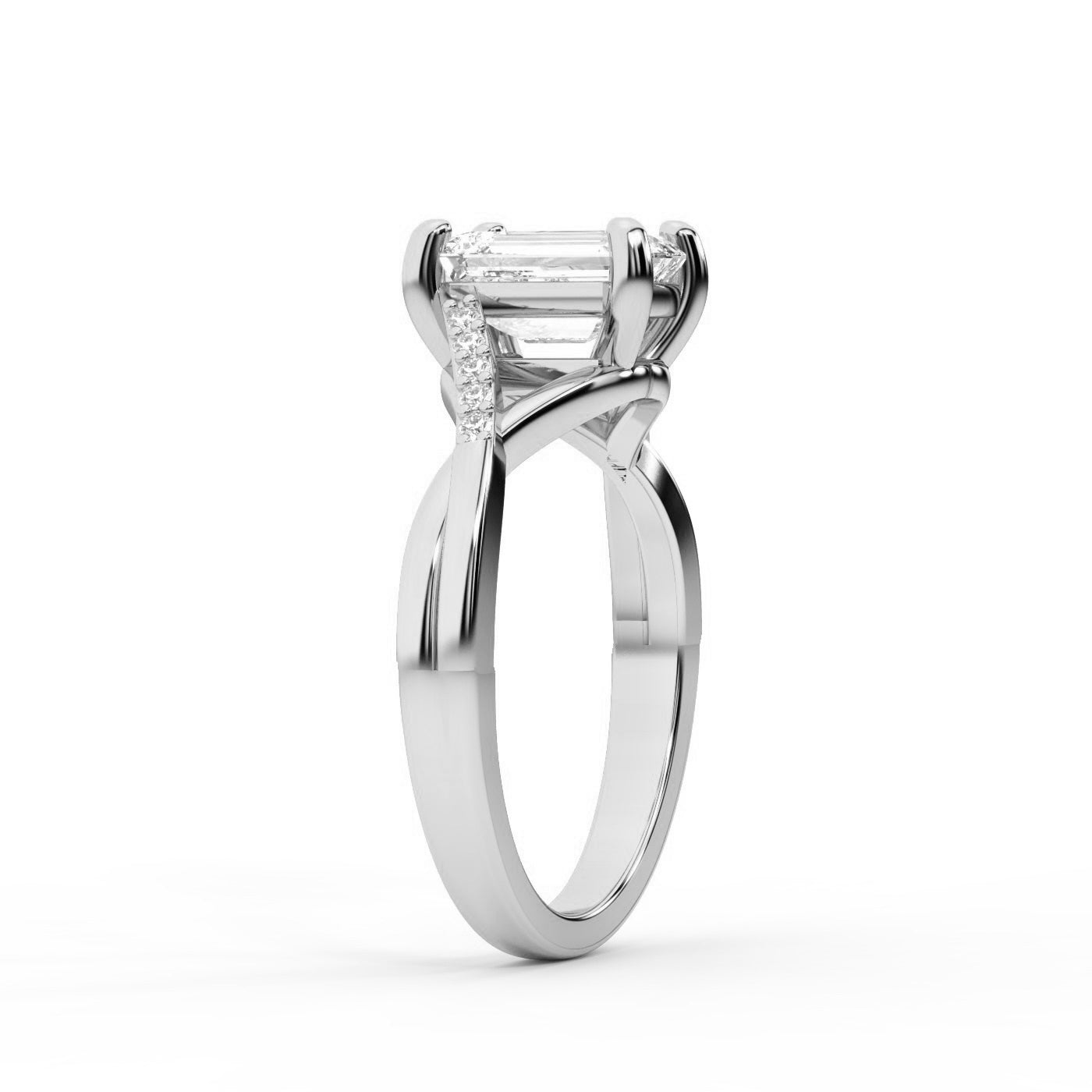 Emerald Cut Lab Grown Diamond Engagement Ring with Twisted Shank in Silver