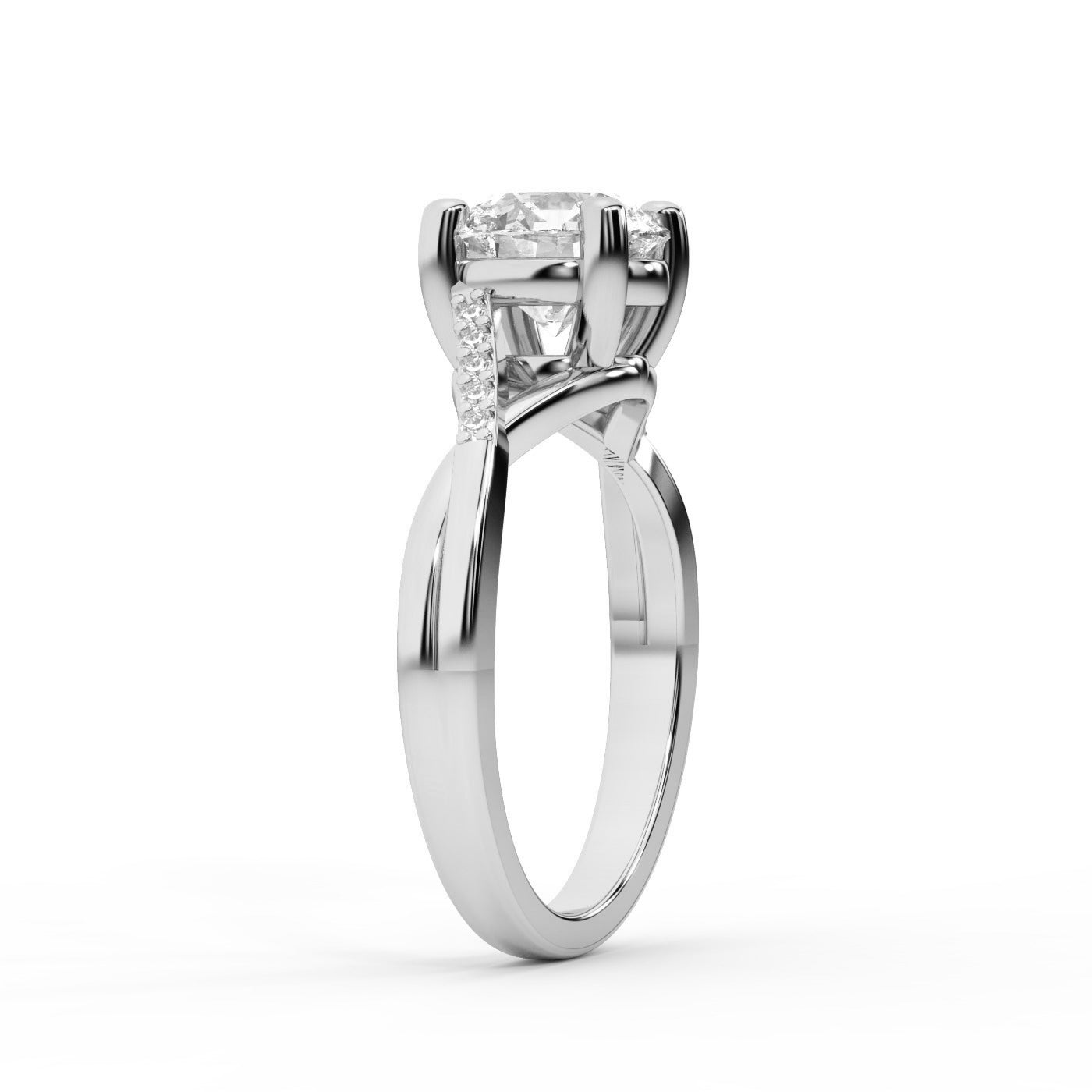 Round Cut Lab Grown Diamond Engagement Ring with Twisted Shank in Silver