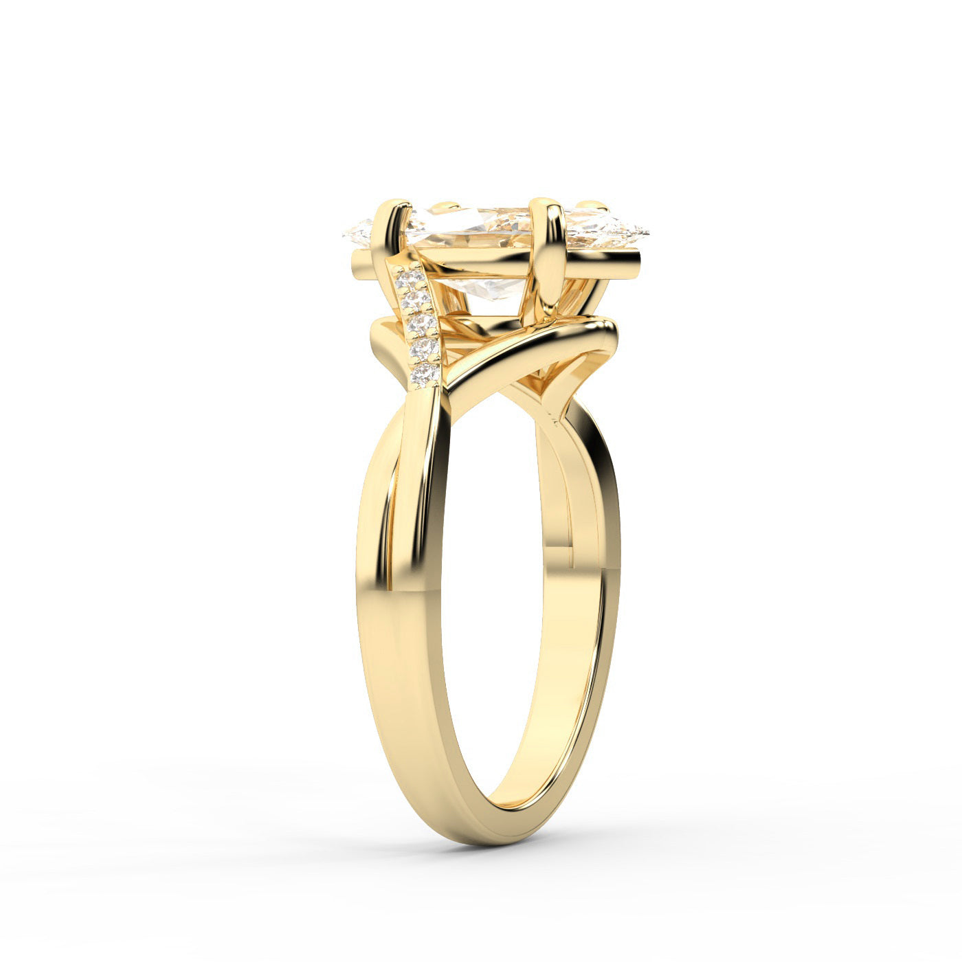 Marquise Cut Lab Grown Diamond Side Stone Twist Engagement Ring in Yellow Gold