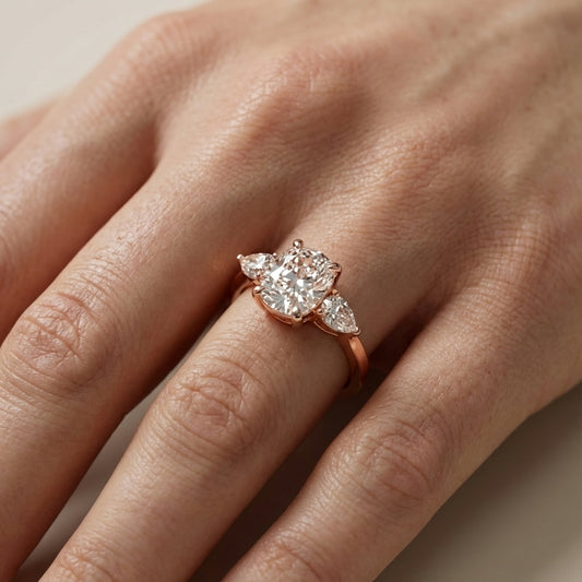 Grace Three Stone Cushion Cut Lab Grown Diamond Engagement Ring in Rose Gold setting