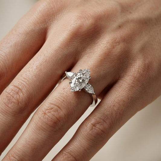 Grace Three Stone Marquise Cut Lab Grown Diamond Engagement Ring in Silver