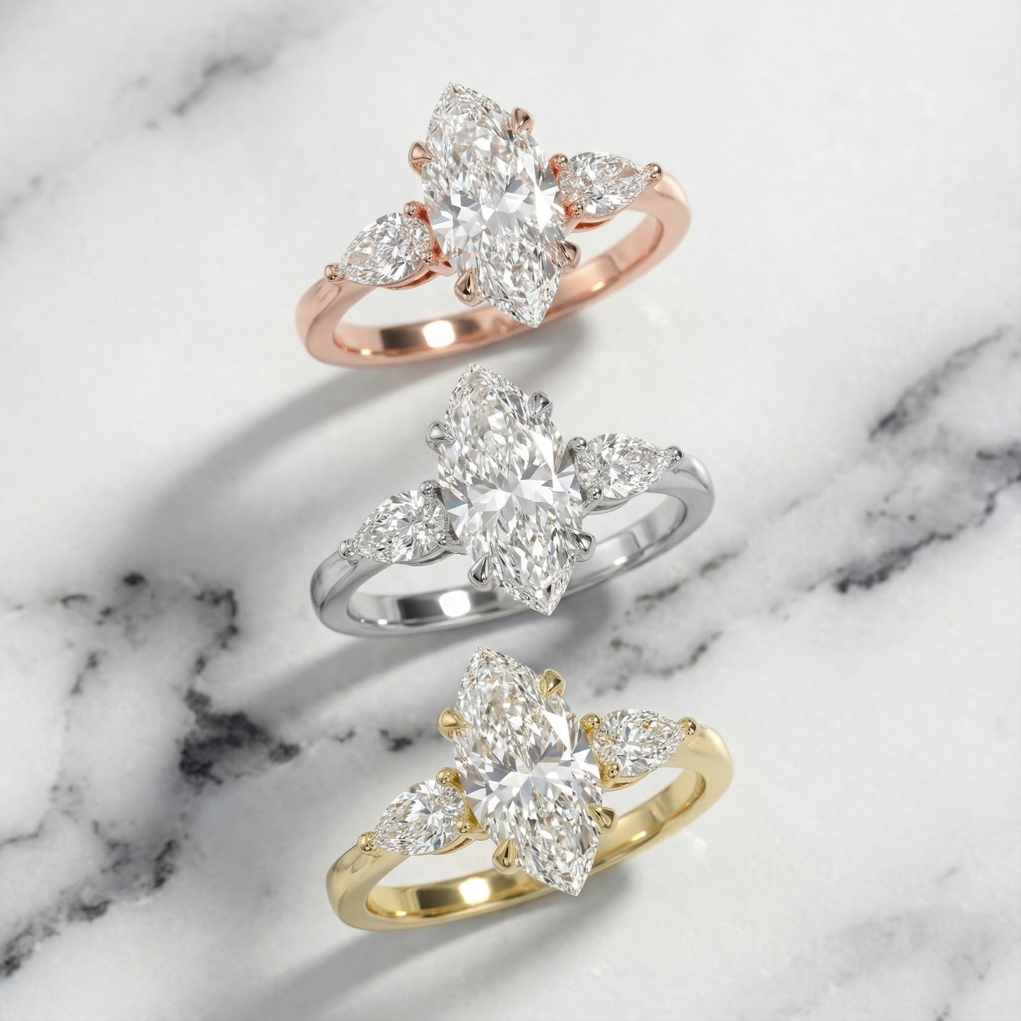 Grace Three Stone Marquise Cut Lab Grown Diamond Engagement Ring in Yellow Gold