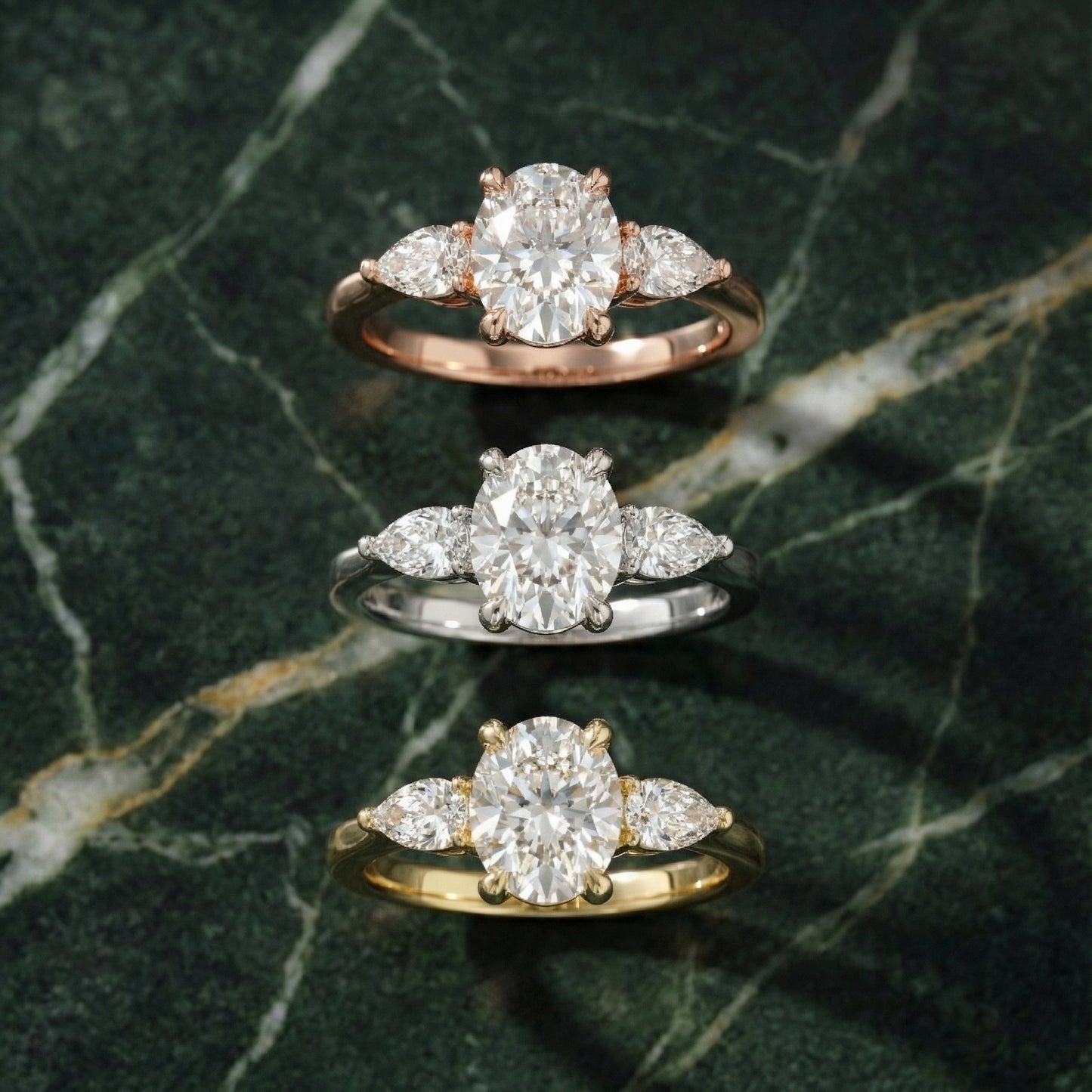 Grace Three Stone Cushion Cut Lab Grown Diamond Engagement Ring in Rose Gold setting