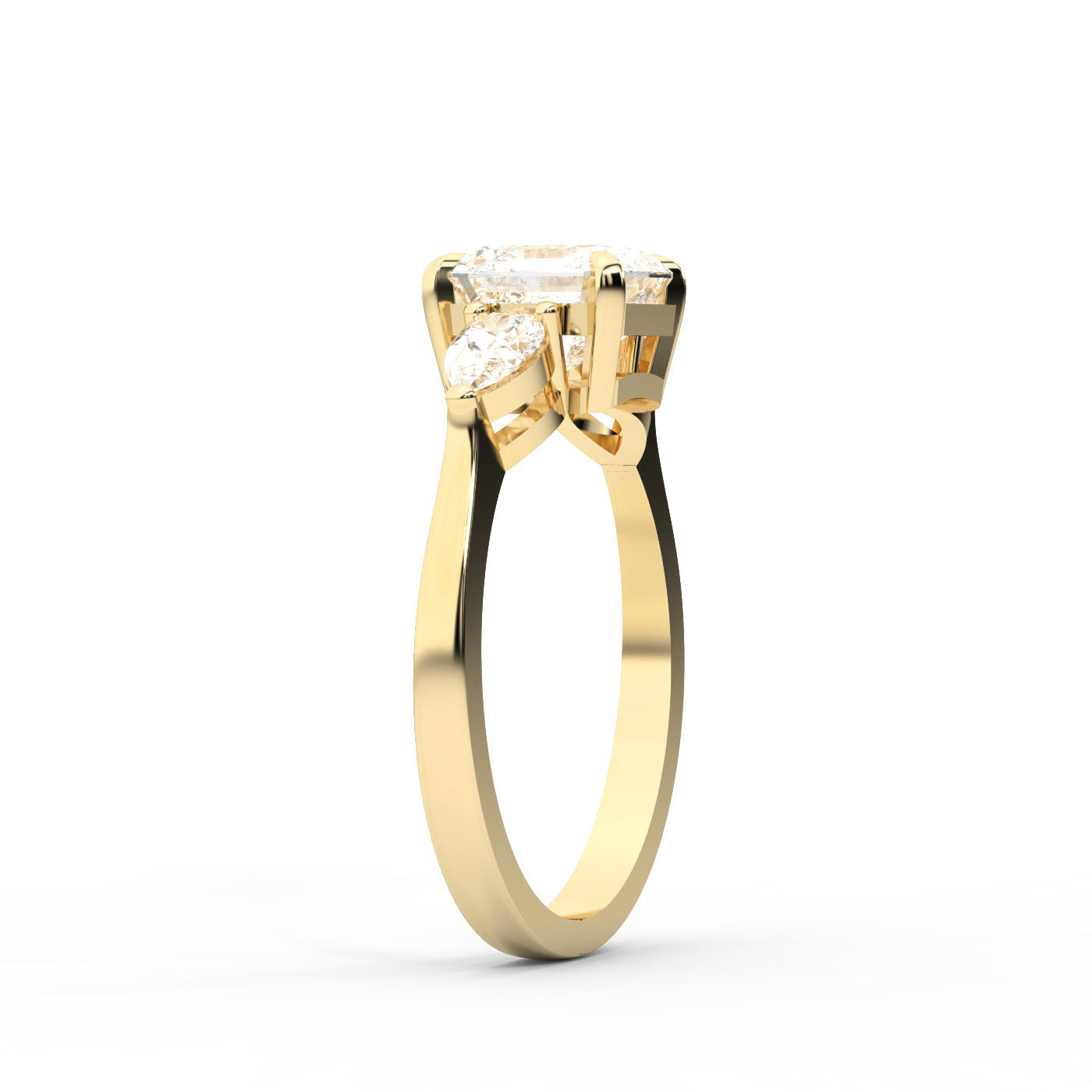 Asscher Cut Lab Grown Diamond Three Stone Engagement Ring in Yellow Gold setting