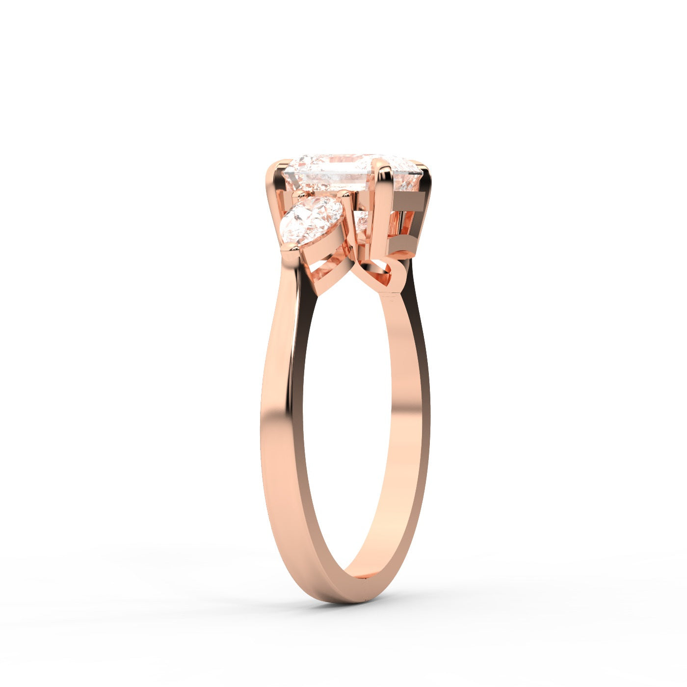 Asscher Cut Lab Grown Diamond Three Stone Engagement Ring in Rose Gold setting