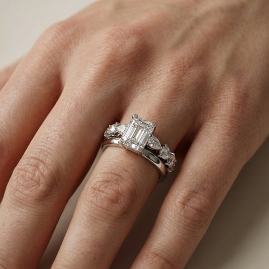 Emerald Cut Lab Grown Diamond Engagement Ring with Marquise and Pear Side Stones in Silver
