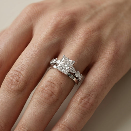 Radiant Cut Lab Grown Diamond Engagement Ring with Marquise and Pear Side Stones in Silver