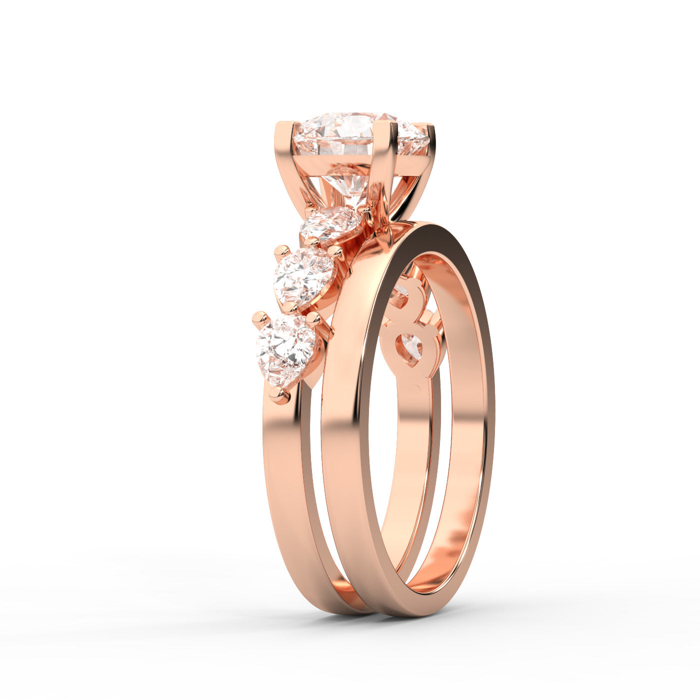 Round Cut Lab Grown Diamond Engagement Ring in Rose Gold with Marquise and Pear Side Stones