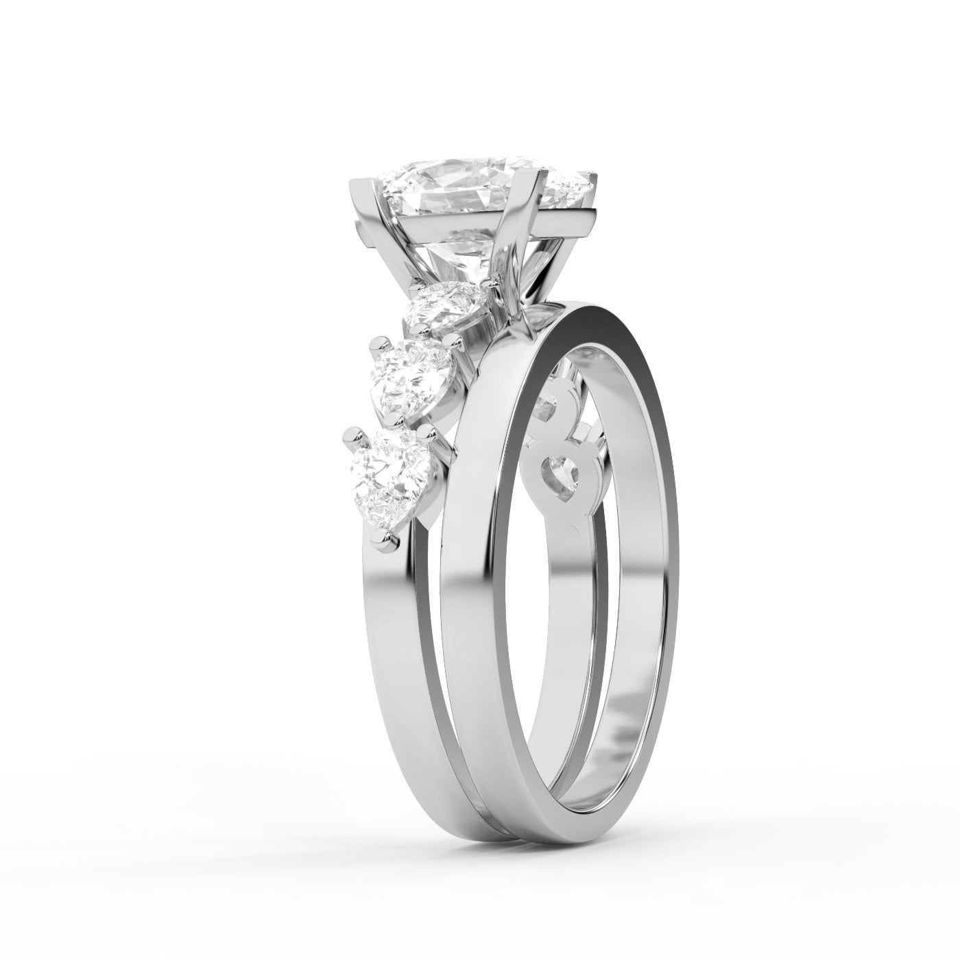 Oval Cut Lab Grown Diamond Engagement Ring with Marquise and Pear Side Stones in White Gold