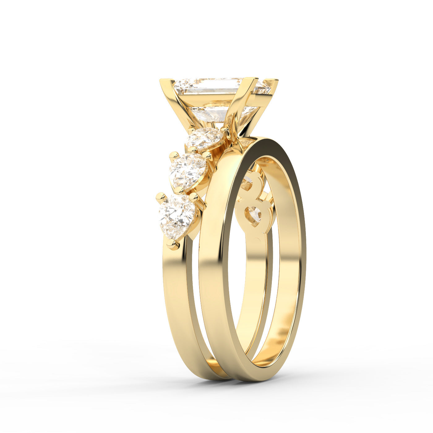 Emerald Cut Lab Grown Diamond Engagement Ring with Marquise and Pear Side Stones in Yellow Gold