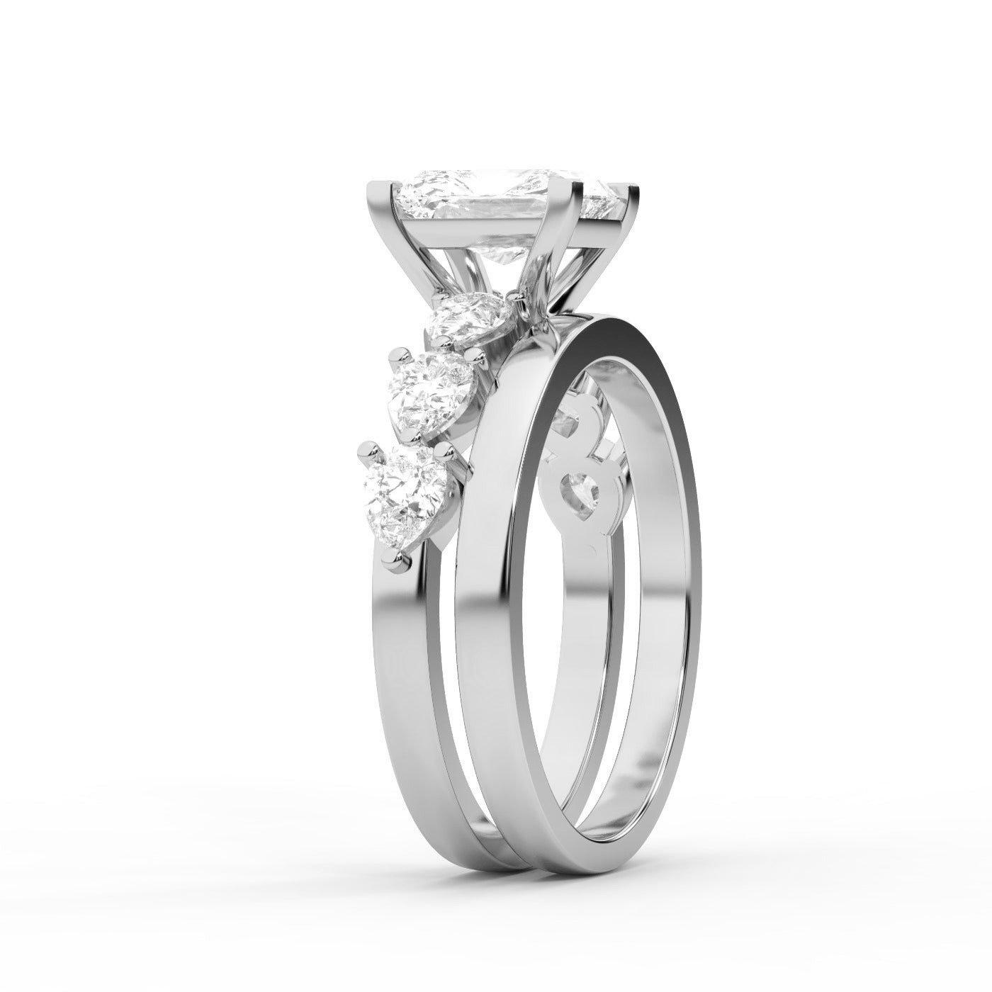 Radiant Cut Lab Grown Diamond Engagement Ring with Marquise and Pear Side Stones in Platinum