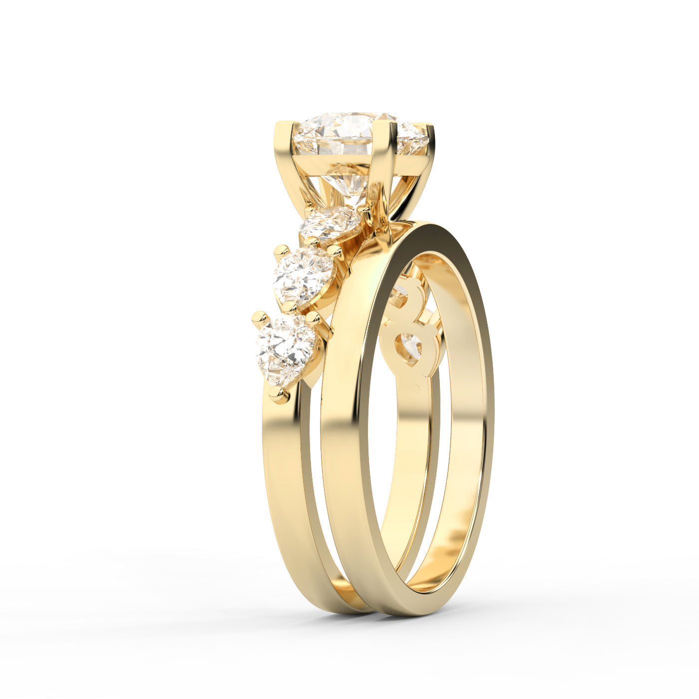 Round Cut Lab Grown Diamond Engagement Ring in Yellow Gold with Marquise and Pear Side Stones