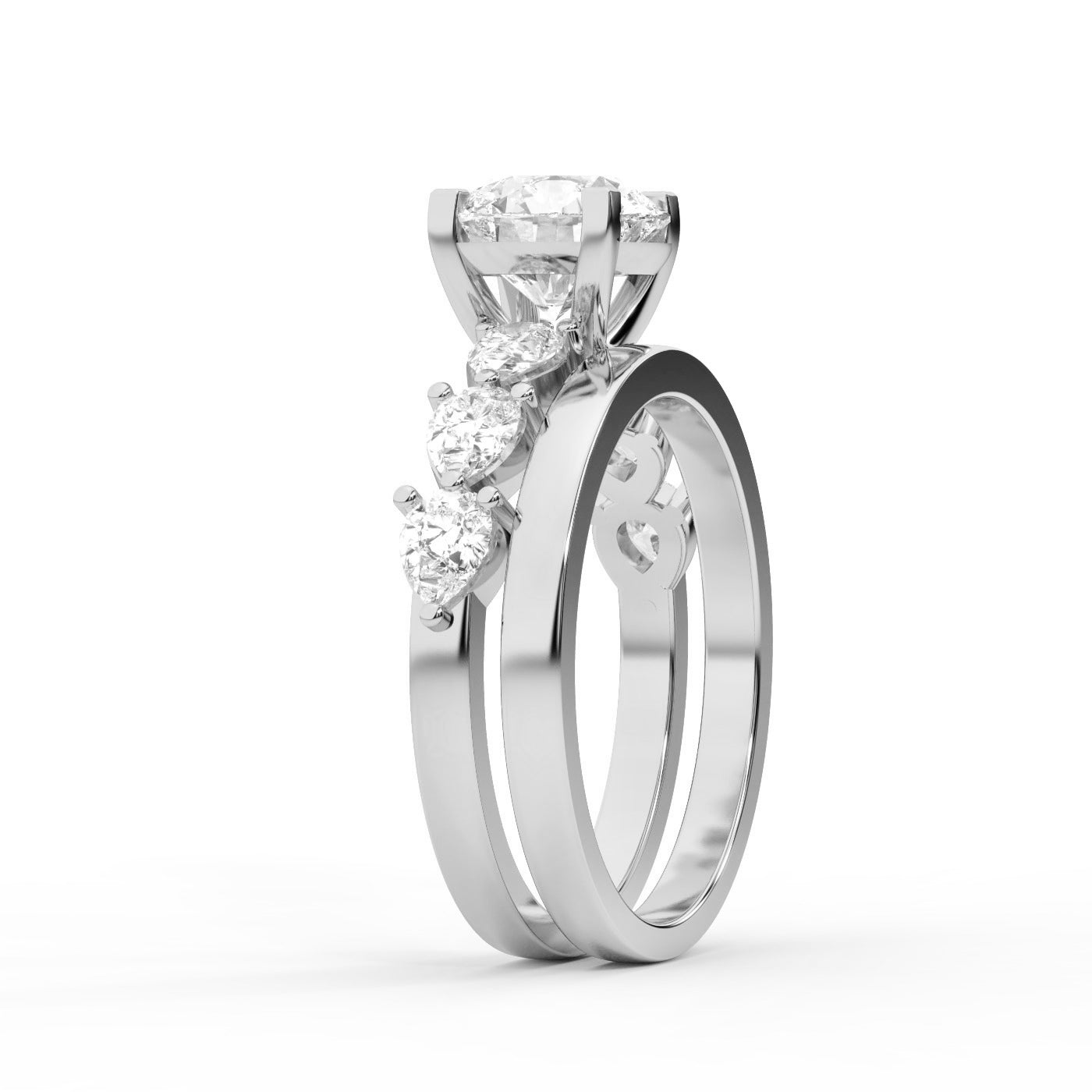 Round Cut Lab Grown Diamond Engagement Ring in Silver with Marquise and Pear Side Stones