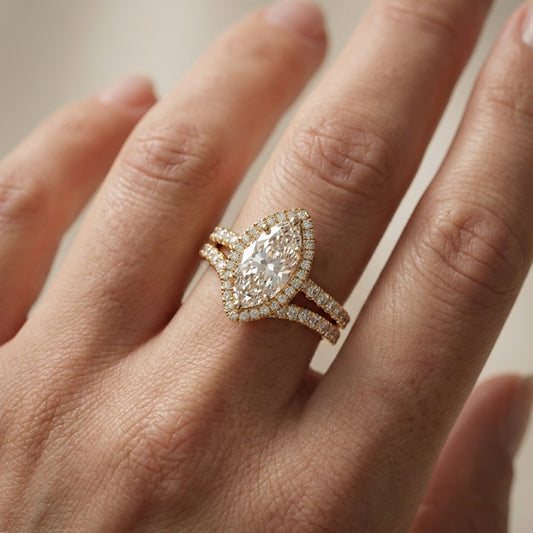 Marquise Cut Lab Grown Diamond Halo Engagement Ring with Split Shank in Yellow Gold