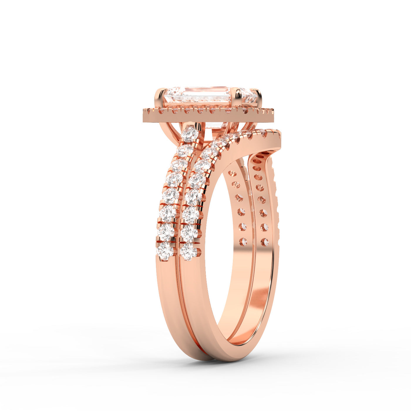 Emerald Cut Lab Grown Diamond Halo Engagement Ring in Rose Gold with Split Shank
