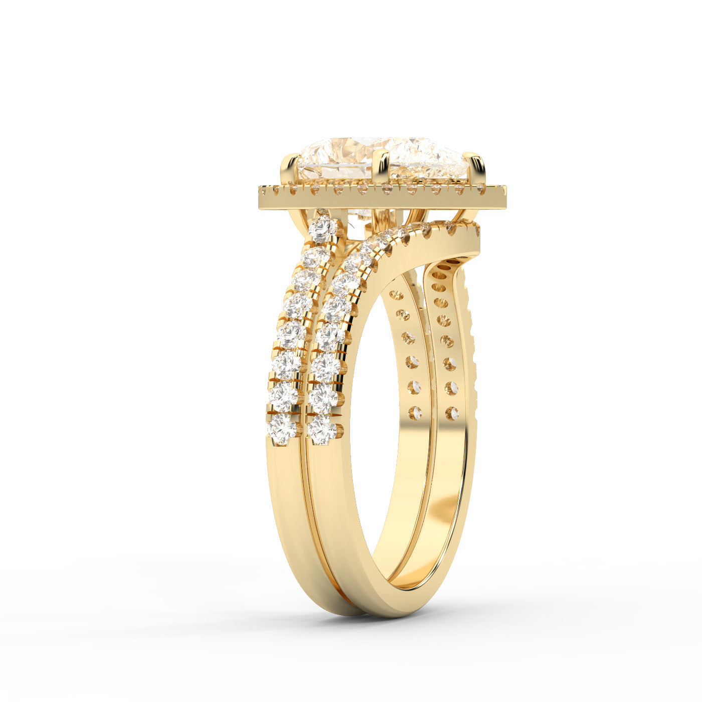 Pear Cut Lab Grown Diamond Halo Engagement Ring in Yellow Gold with Split Shank