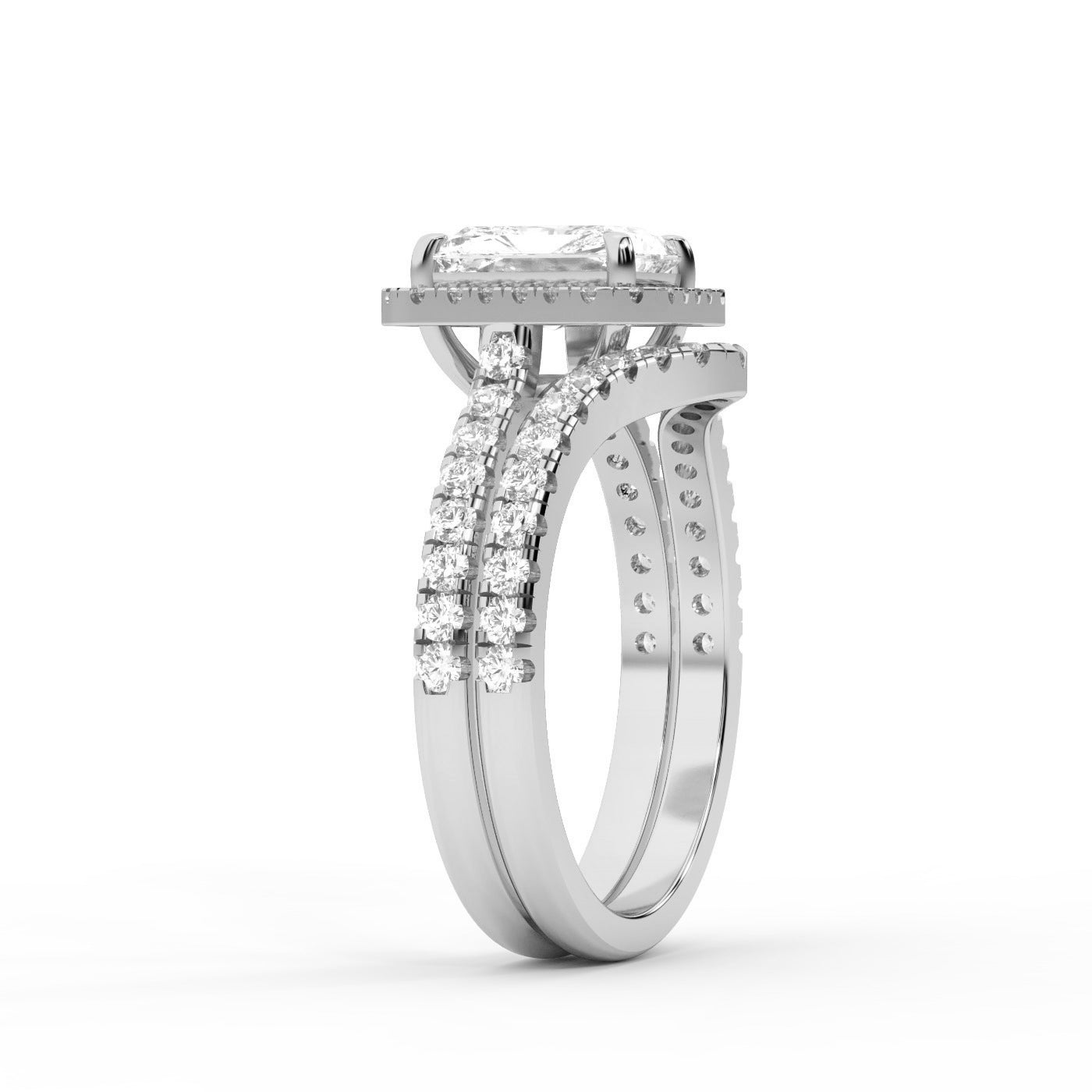 Radiant Cut Lab Grown Diamond Halo Engagement Ring in White Gold setting.