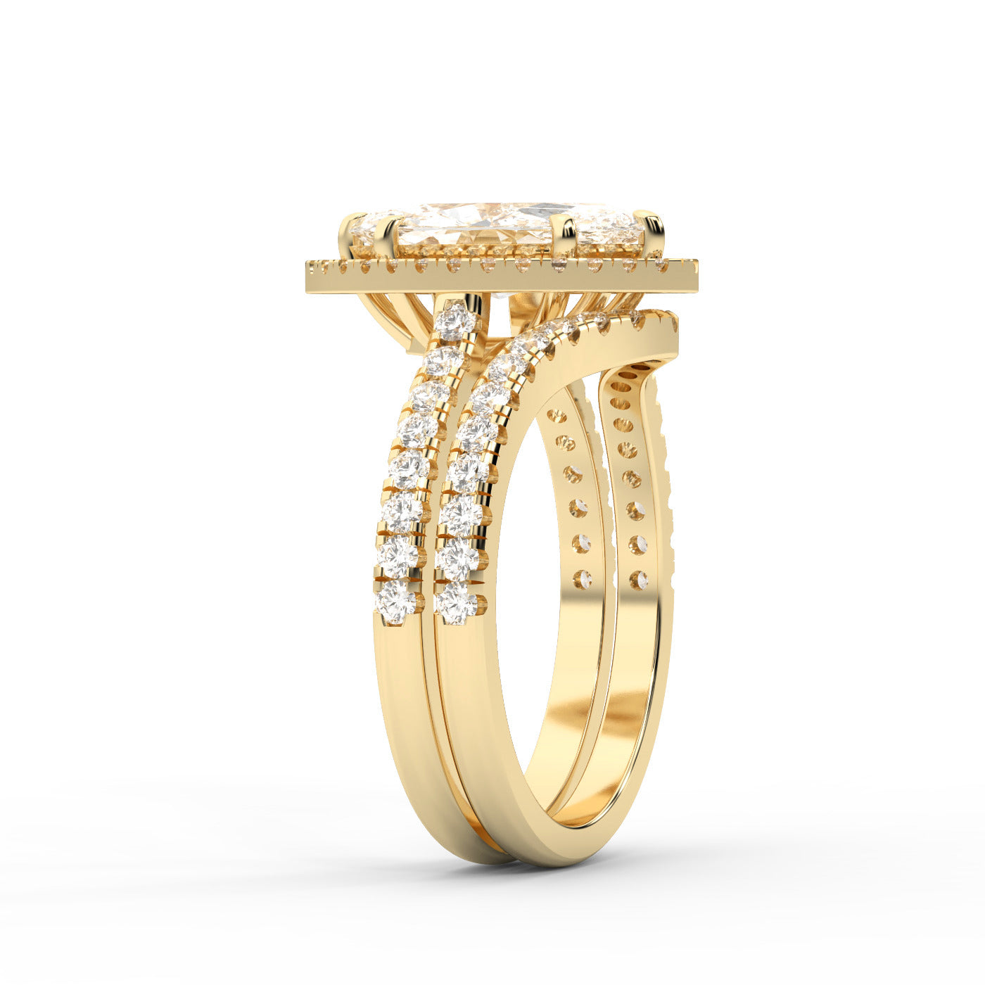 Marquise Cut Lab Grown Diamond Halo Engagement Ring with Split Shank in Yellow Gold