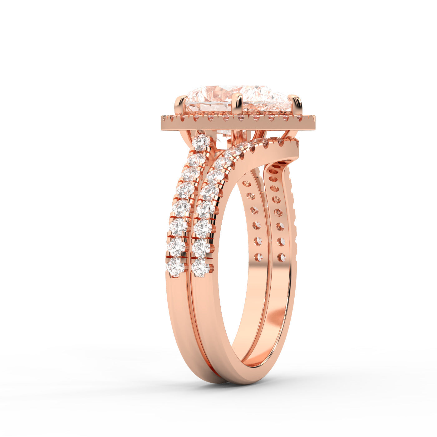 Pear Cut Lab Grown Diamond Halo Engagement Ring in Rose Gold with Split Shank