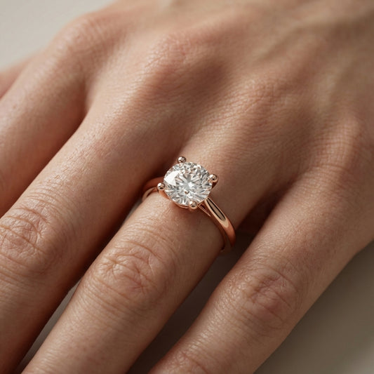 Round Cut Lab Grown Diamond Engagement Ring in Rose Gold showing side profile with hidden detail