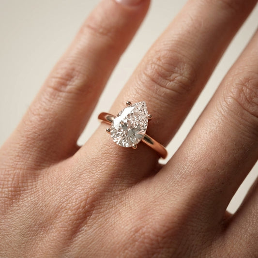 Pear Cut Lab Grown Diamond Solitaire Engagement Ring in Rose Gold showing side profile scrollwork