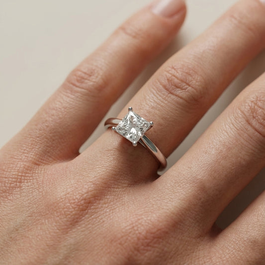Princess Cut Lab Grown Diamond Solitaire Engagement Ring in rare Platinum showing hidden gallery.