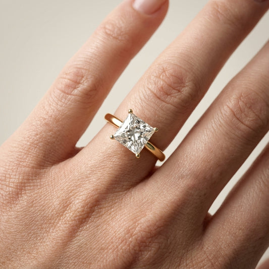 Princess Cut Lab Grown Diamond Solitaire Engagement Ring in traditional Yellow Gold.