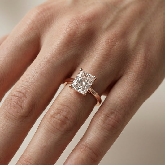 Radiant Cut Lab Grown Diamond Solitaire Engagement Ring in Rose Gold showing side profile