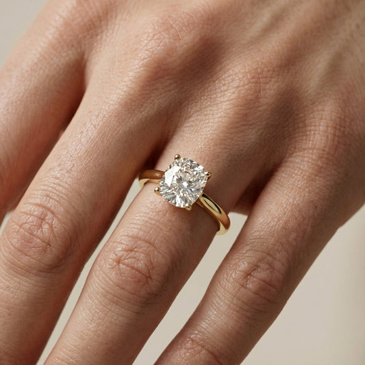 Yellow Gold Cushion Cut Lab Grown Diamond Solitaire Engagement Ring showing detailed gallery.