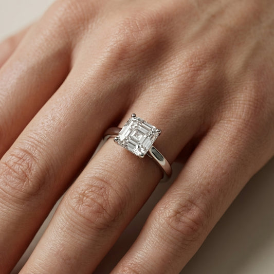 Asscher Cut Lab Grown Diamond Solitaire Engagement Ring handcrafted in White Gold