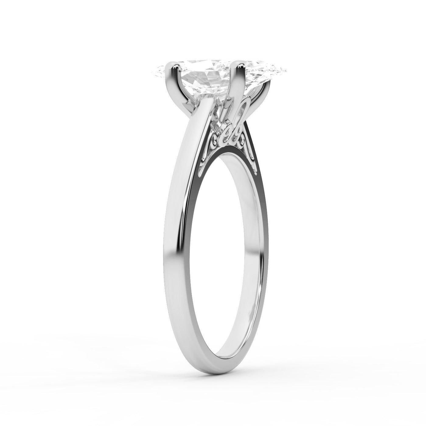 White Gold Marquise Cut Lab Grown Diamond Solitaire Engagement Ring side profile view.