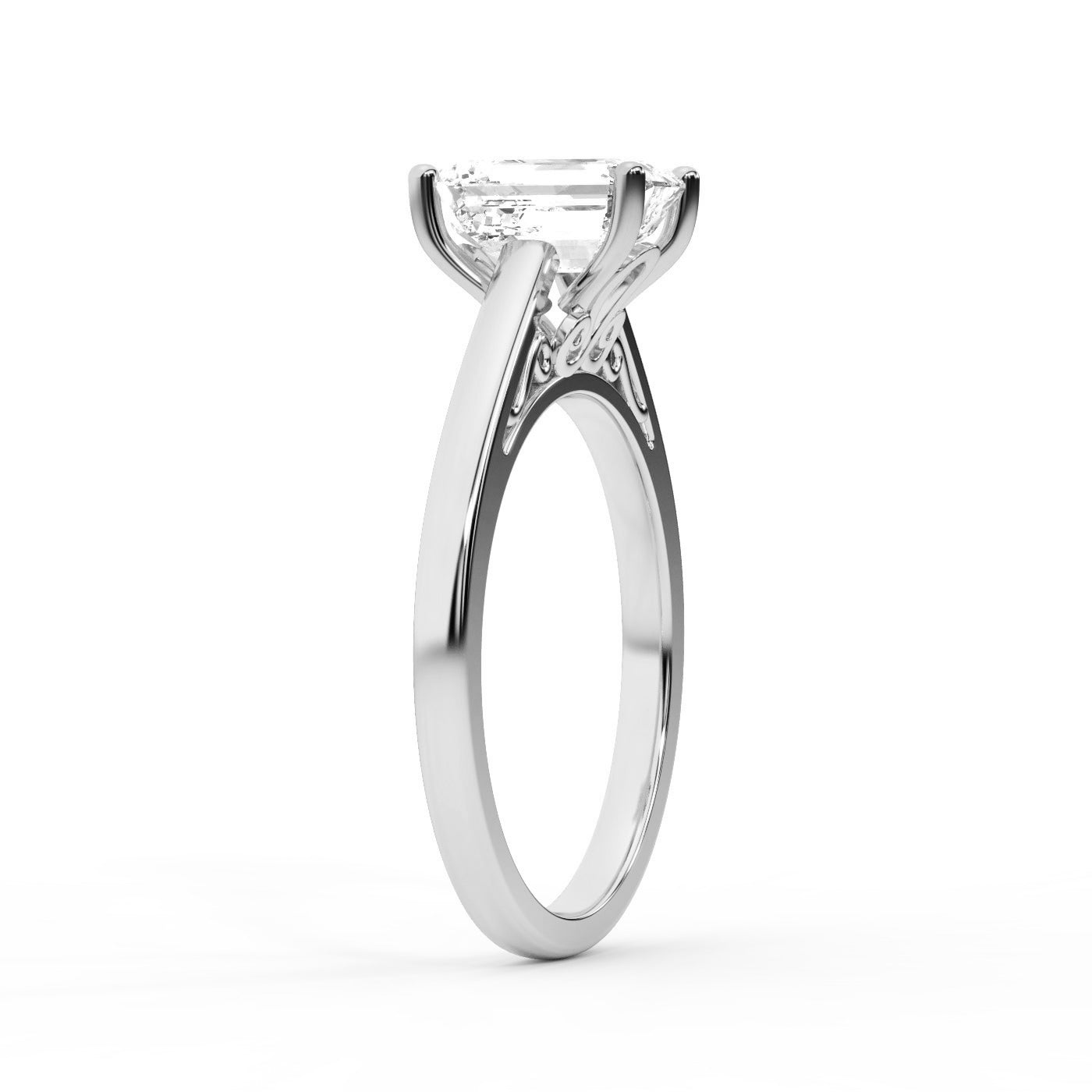 Emerald Cut Lab Grown Diamond Solitaire Engagement Ring in White Gold with hidden gallery detail