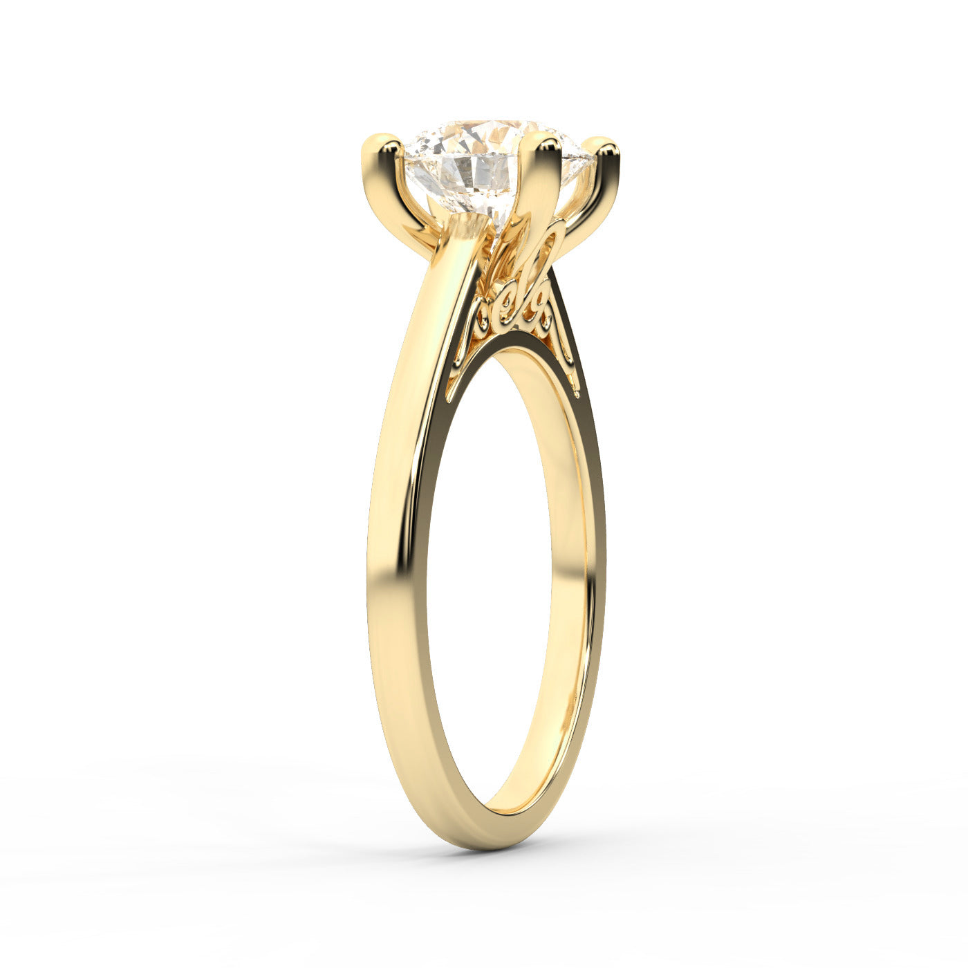 Round Cut Lab Grown Diamond Engagement Ring in Yellow Gold with hidden gallery detail