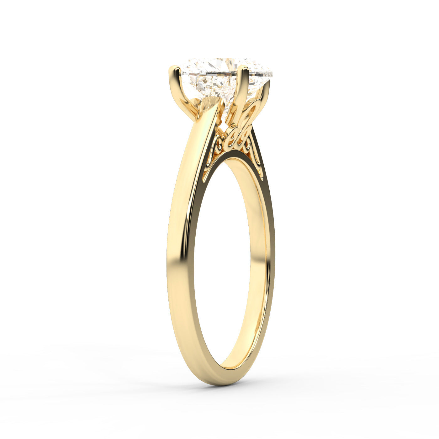 Heart Cut Lab Grown Diamond Solitaire Engagement Ring in Yellow Gold with Hidden Filigree