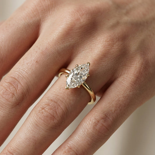 Marquise Cut Lab Grown Diamond Solitaire Engagement Ring in Yellow Gold setting