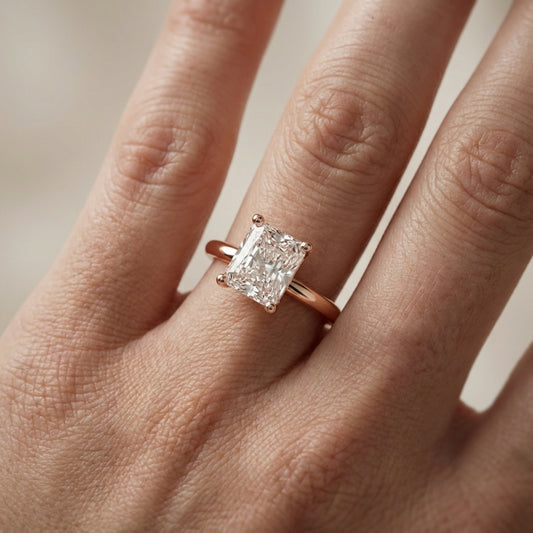Radiant Cut Lab Grown Diamond Solitaire Engagement Ring in Warm Rose Gold